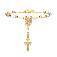 Pulsera de rosario con cruz Virgen de Guadalupe, cadena tricolor sobre fondo blanco